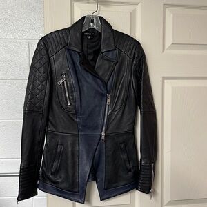 Kenna T black and navy leather jacket with zipper detail worn 2x   Gorgeous!